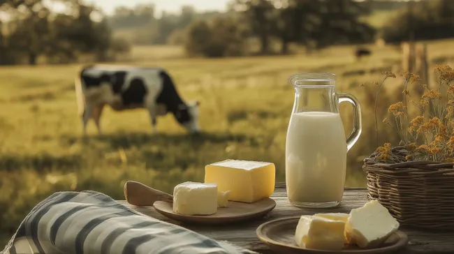 Idyllische Milchprodukteaufnahme auf rustikalem Tisch
