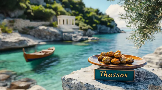 Idyllische Mittelmeerküste mit antiken Ruinen und Oliven