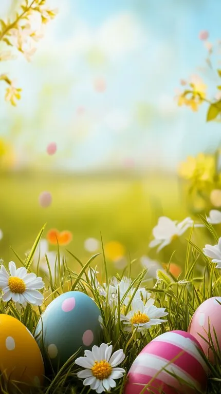 Idyllische Oster-Szenerie mit Eiern und Blumen