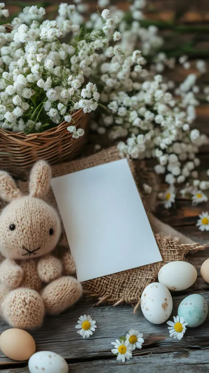 Idyllische Ostern-Szene mit Plüsch-Hase und Blumen