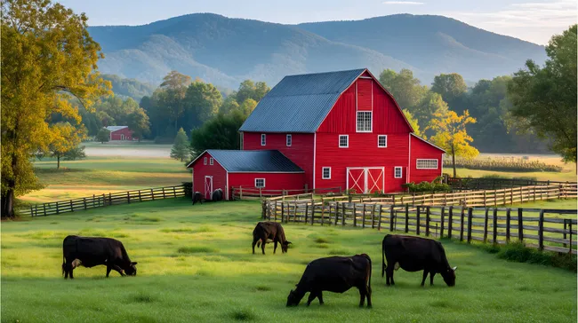 Idyllische Rote Scheune mit Kühen auf Wiese