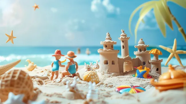 Idyllische Sandburg am Strand mit Meerwasserpanorama