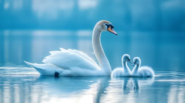 Idyllische Schwanenfamilie auf ruhigem Gewässer