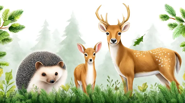 Idyllische Waldszene mit niedlichen Wildtieren