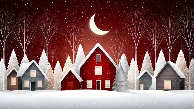 Idyllische Winterlandschaft mit rotem Haus und Vollmond