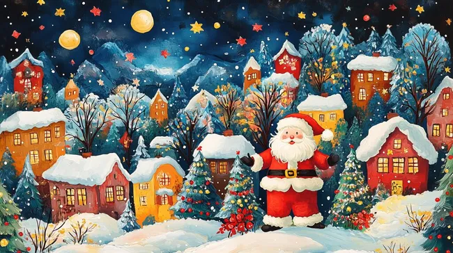 Idyllische Winterlandschaft mit Weihnachtsmann und geschmückten Häusern