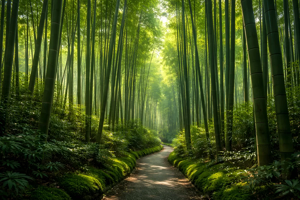Idyllischer Bambuswald mit gewundenem Pfad