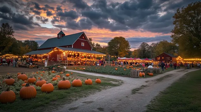Idyllischer Bauernhof-Markt bei Sonnenuntergang