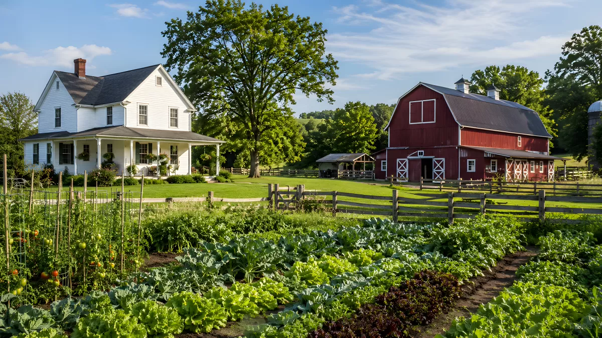 Idyllischer Bauernhof mit roter Scheune und Gemüsegarten