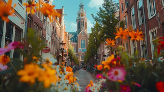 Idyllischer Blick auf Kirche in historischer Altstadt