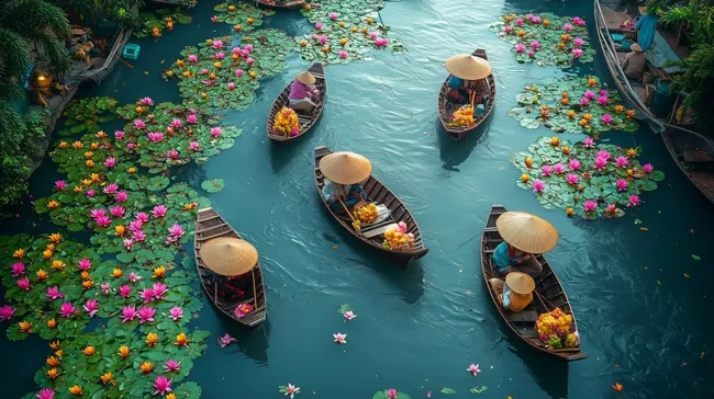Idyllischer Bootsmarkt mit bunten Lotusblumen