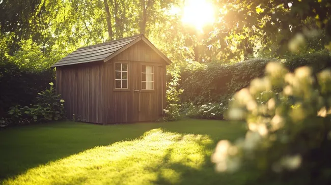 Idyllischer Holzgartenhäuschen im Sonnenlicht