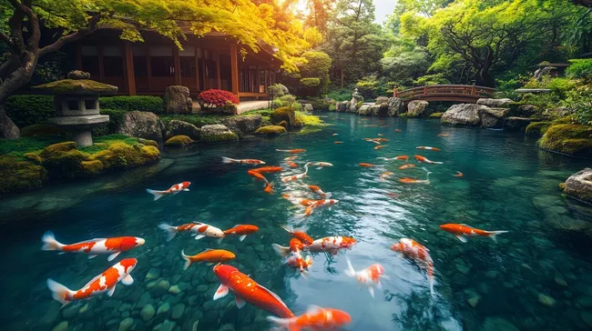 Idyllischer japanischer Garten mit Koi-Teich und Brücke