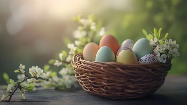 Idyllischer Osterkorb mit bunten Eiern und Frühlingsblüten