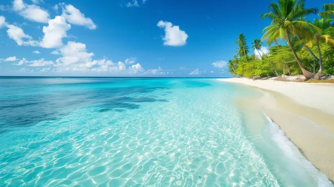 Idyllischer tropischer Strand mit klarem Wasser und Palmen
