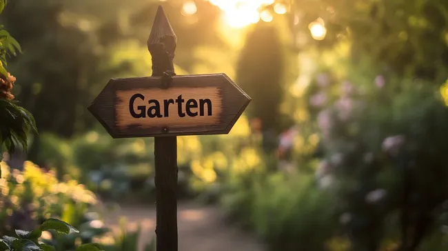 Idyllischer Wegweiser im sonnigen Garten