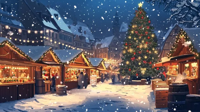 Idyllischer Weihnachtsmarkt in verschneiter Altstadt