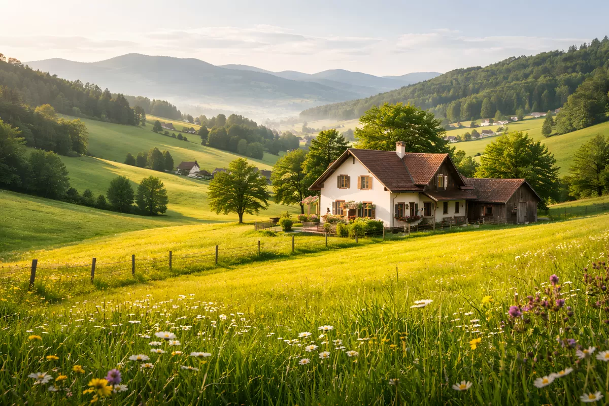 Idyllisches Bauernhaus in grüner Alpenlandschaft