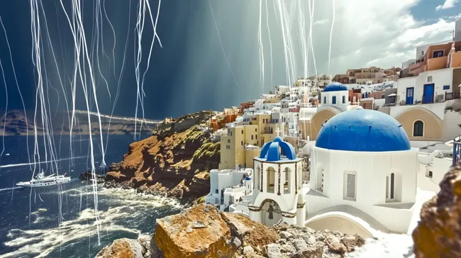 Idyllisches Dorf auf Santorini mit blauer Kuppelkirche