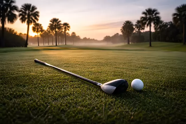 Idyllisches Golfplatz-Panorama bei Sonnenuntergang