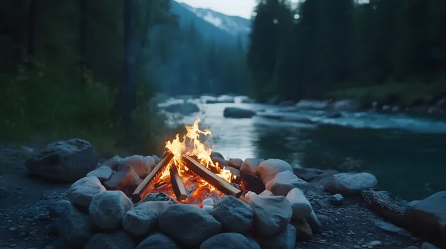 Idyllisches Lagerfeuer am Fluss inmitten einer Berglandschaft