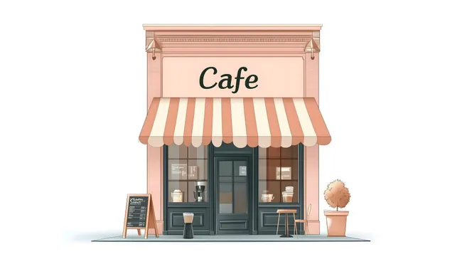 Idyllisches Landcafé mit Holzfassade und Sonnenschirm