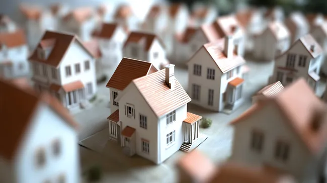 Idyllisches Miniaturdorf mit weißen Häusern und roten Dächern