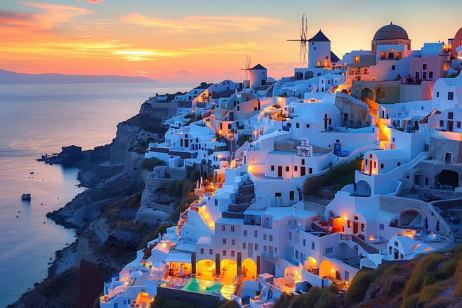 Idyllisches Santorini im Sonnenuntergang