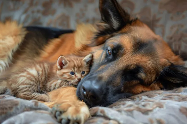 Idyllisches Zusammenleben von Hund und Katze