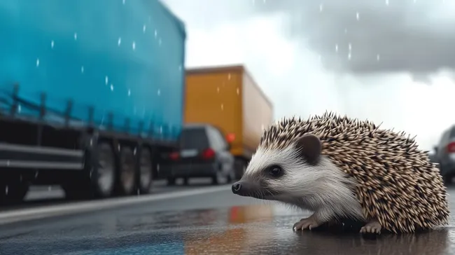 Igel auf regennasser Straße vor LKWs