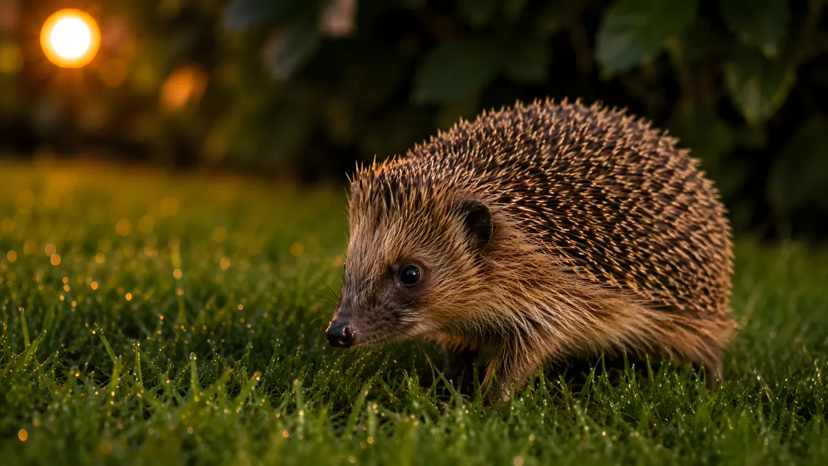 Igel auf taubedecktem Rasen im Abendlicht