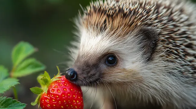 Igel frisst Erdbeere im Grünen