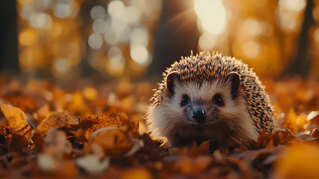 Igel im goldenen Herbstlaub bei Sonnenuntergang