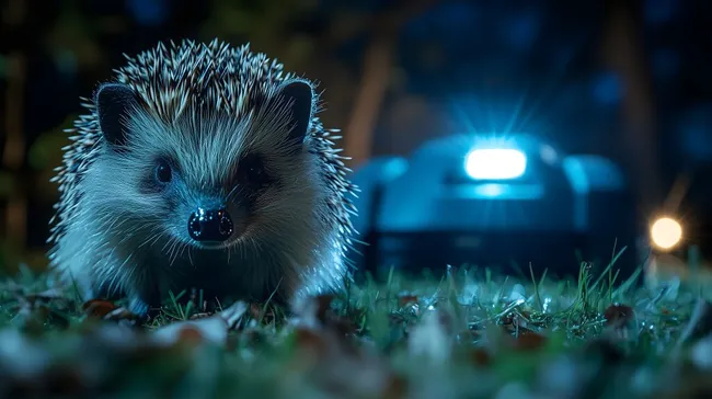Igel in stimmungsvoller Nachtlandschaft mit Rasenmäher