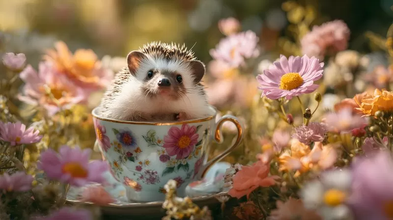 Igel in Teetasse im bunten Blumengarten