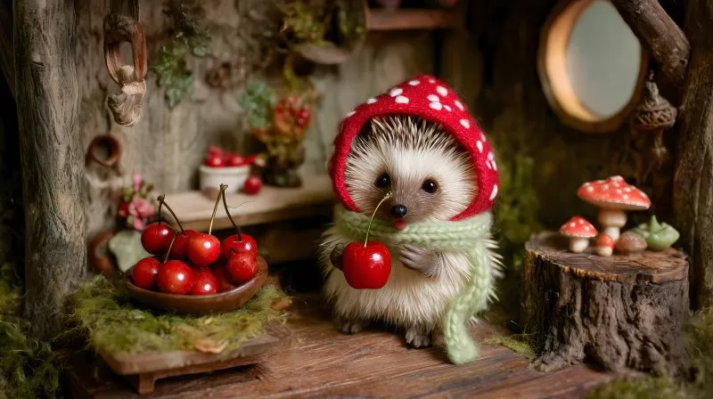 Igel mit rotem Pilzhut hält Kirsche im Minihaus
