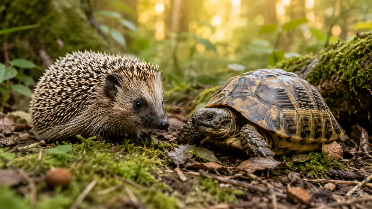 Igel und Schildkröte begegnen sich im Wald