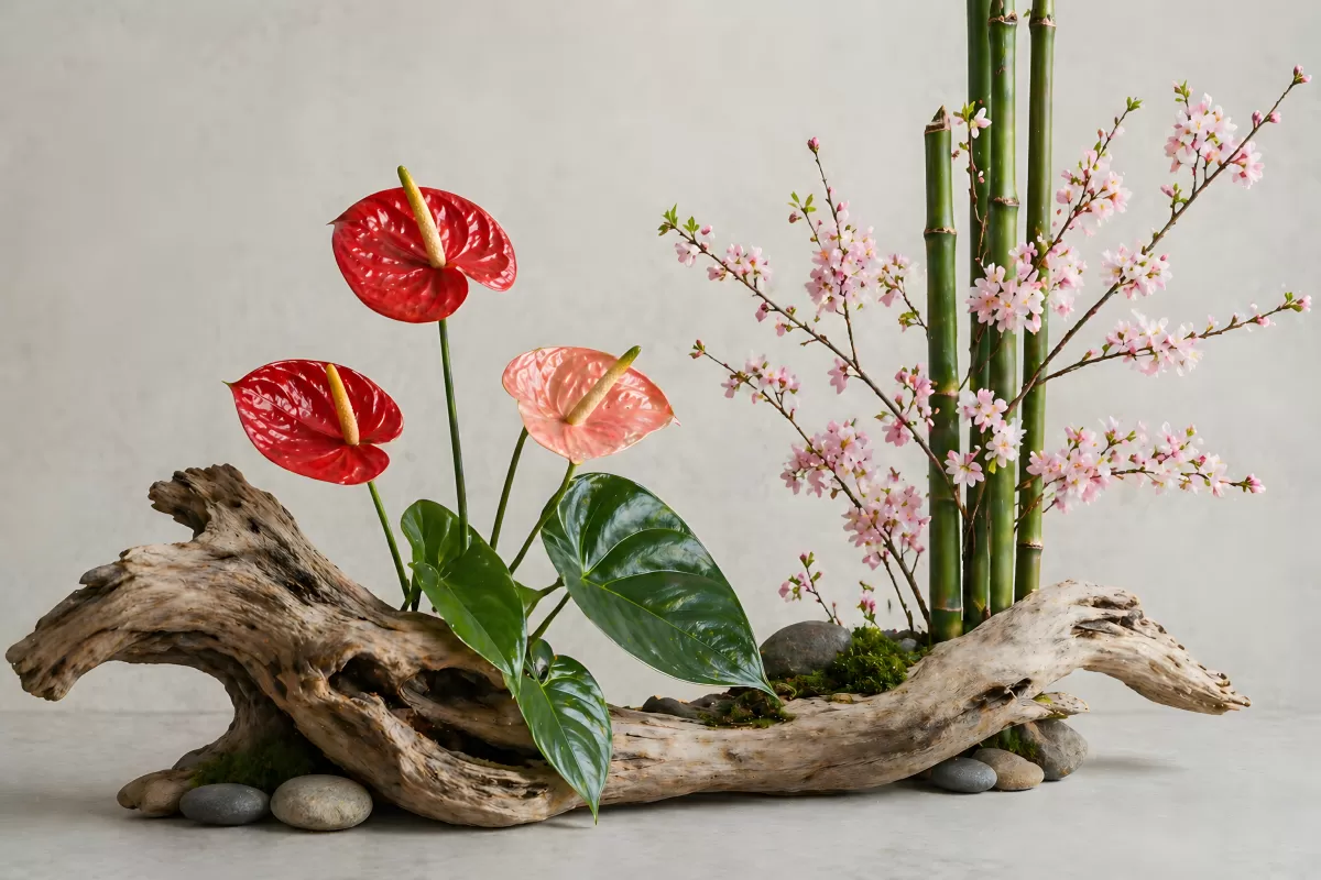 Ikebana-Arrangement mit Anthurien und Kirschblüten