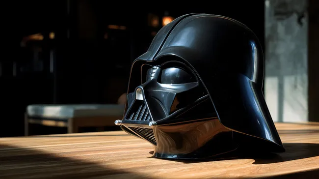 Ikonischer Darth Vader Helm auf Holztisch