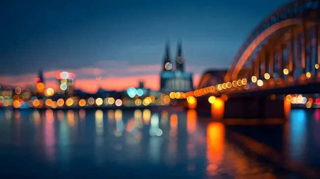 Illuminierte Kölner Kathedrale am Rhein bei Abenddämmerung