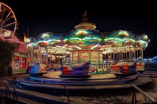 Illuminiertes Karussell in Vergnügungspark bei Nacht