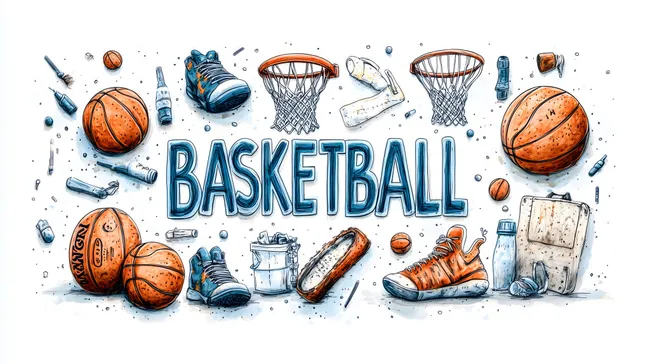 Illustration mit Basketballausrüstung und -zubehör