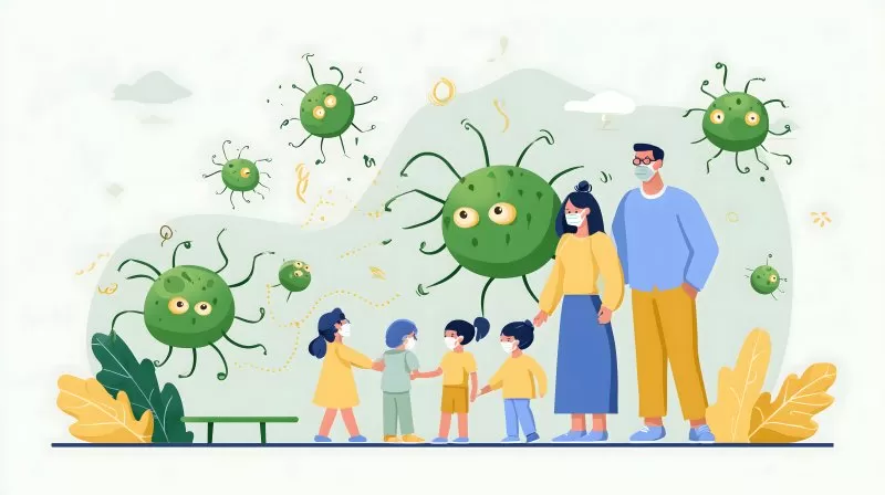 Illustration von Familie mit Masken und Viren