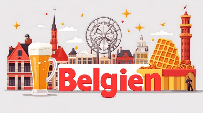 Illustrative Darstellung der belgischen Kultur mit Architektur, Essen und Wahrzeichen