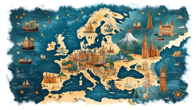 Illustrative Europakarte mit historischen Sehenswürdigkeiten
