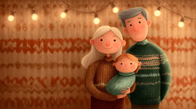 Illustrierte Familie mit Kleinkind vor Haus mit Lichterketten