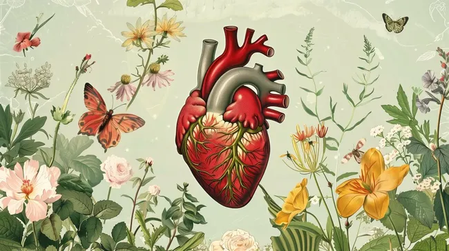 Illustrierte Herzanatomie mit Blumen und Schmetterlingen