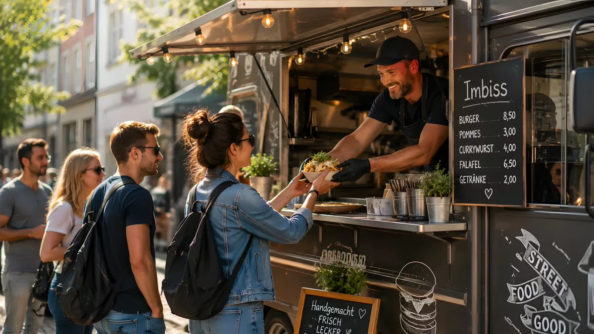 Imbiss-Foodtruck mit Gästen bei sonnigem Stadtflair