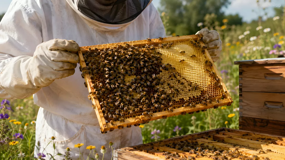 Imker inspiziert Bienenrahmen voller Honigwaben