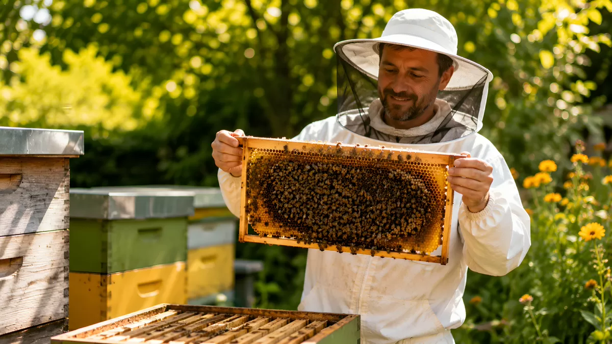 Imker inspiziert Bienenwabe im Sommergarten